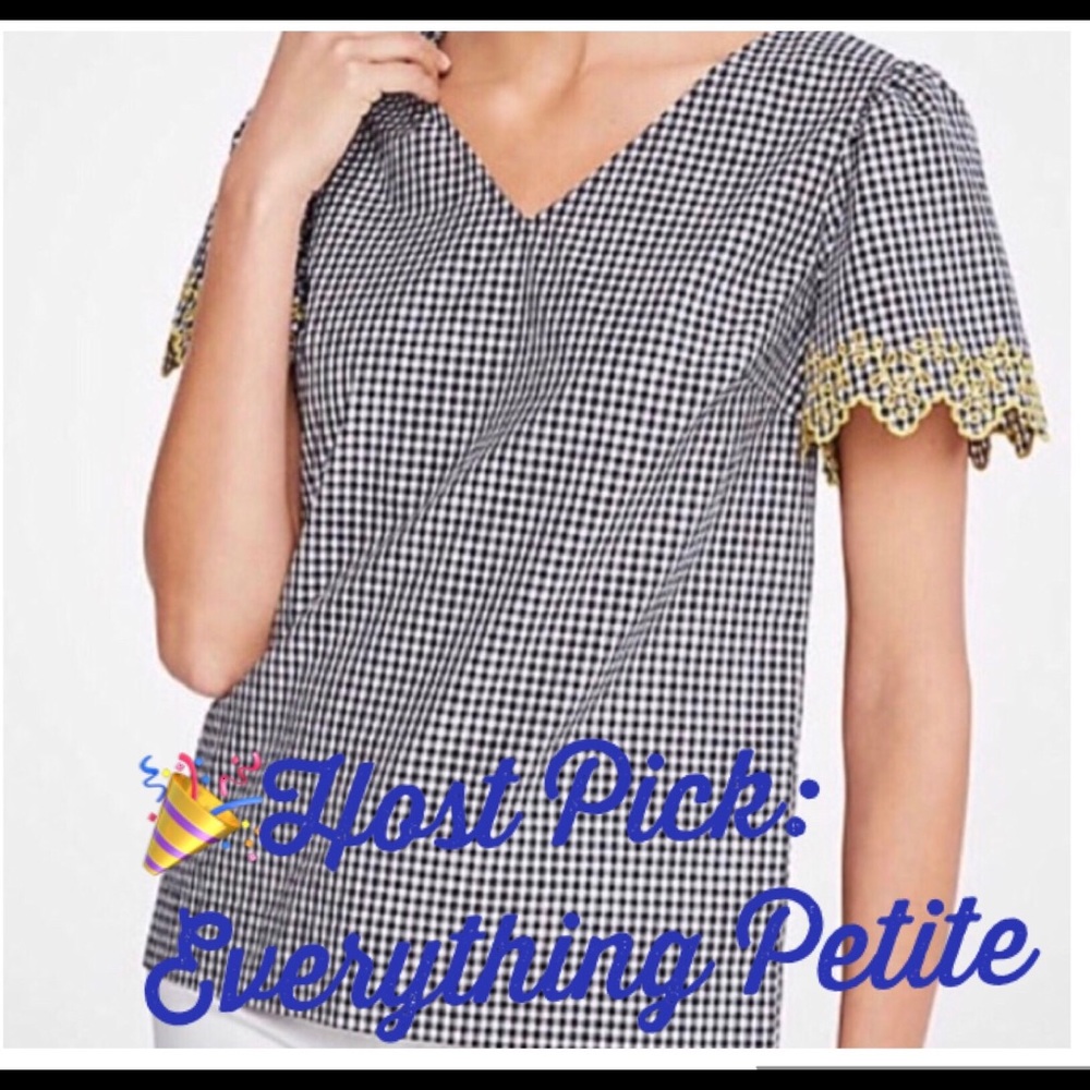 💼🎉HP: Ann Taylor Gingham Embroided Sleeve Tee